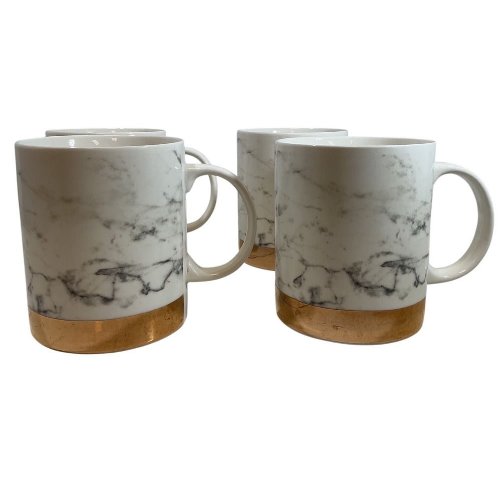 Marble Pattern Ceramic Coffee Mugs with Metallic Gold Base Set of 4 White Grey